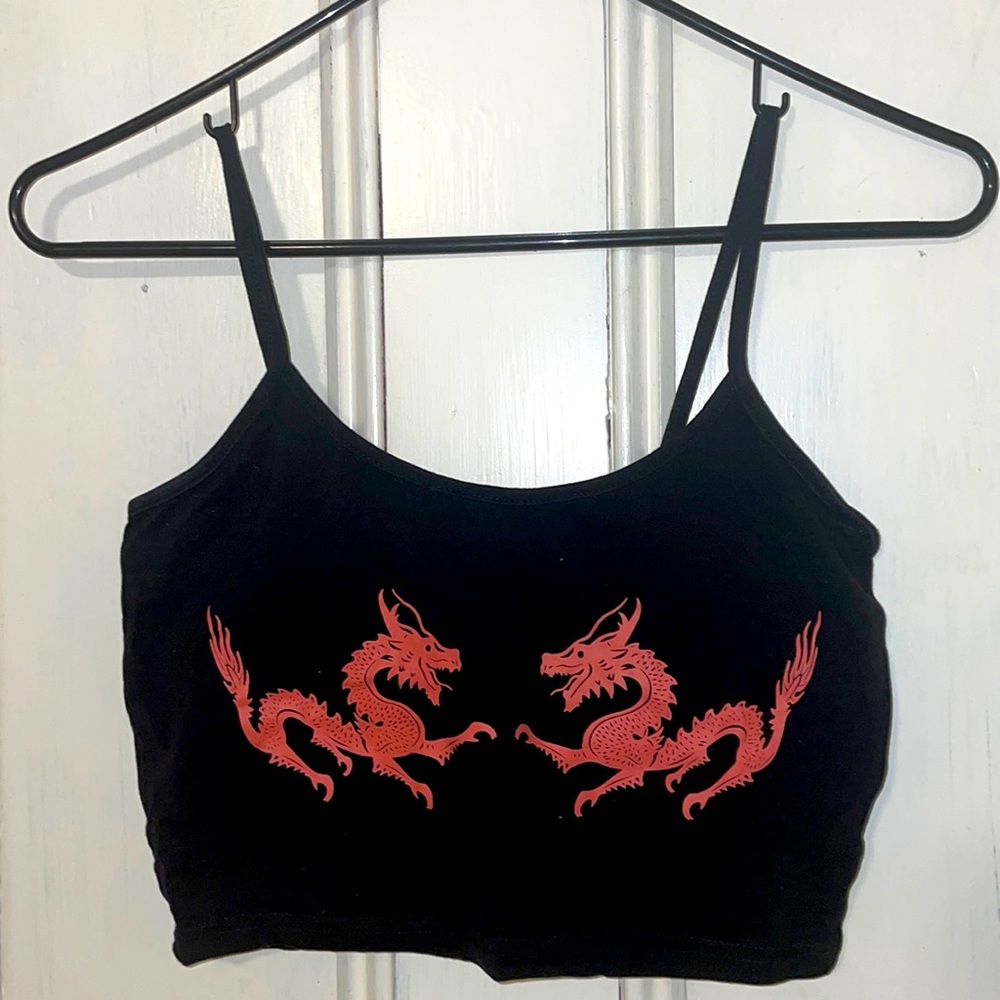 Black bra-like crop top, spaghetti straps, with two red dragon designs. Sz small